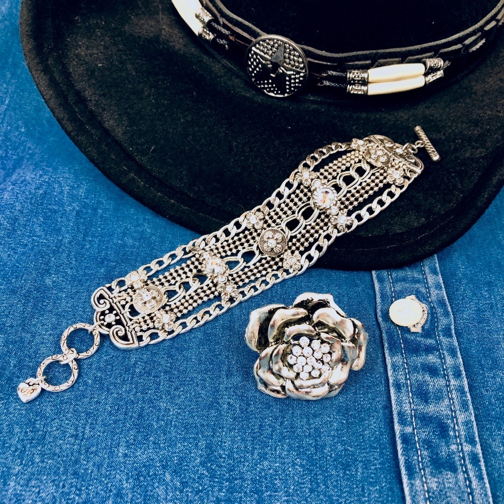 Brighton silver-tone chain cuff bracelet w/stones